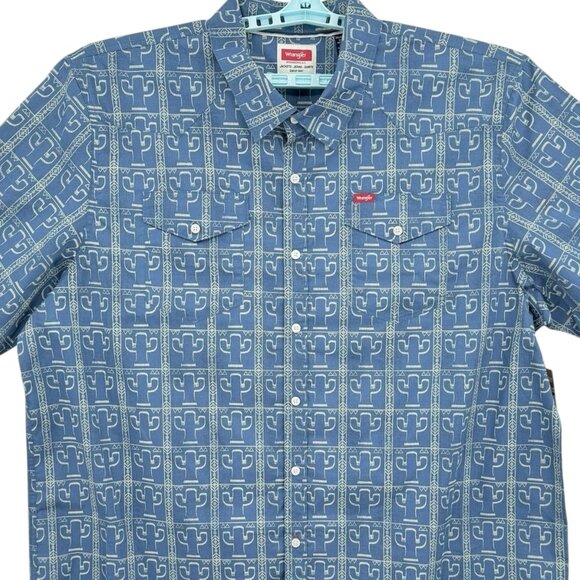 Wrangler Men's Cowboy Short Sleeve Button-up Cactus Print Blue Shirt Size 3XL NW - Picture 3 of 10